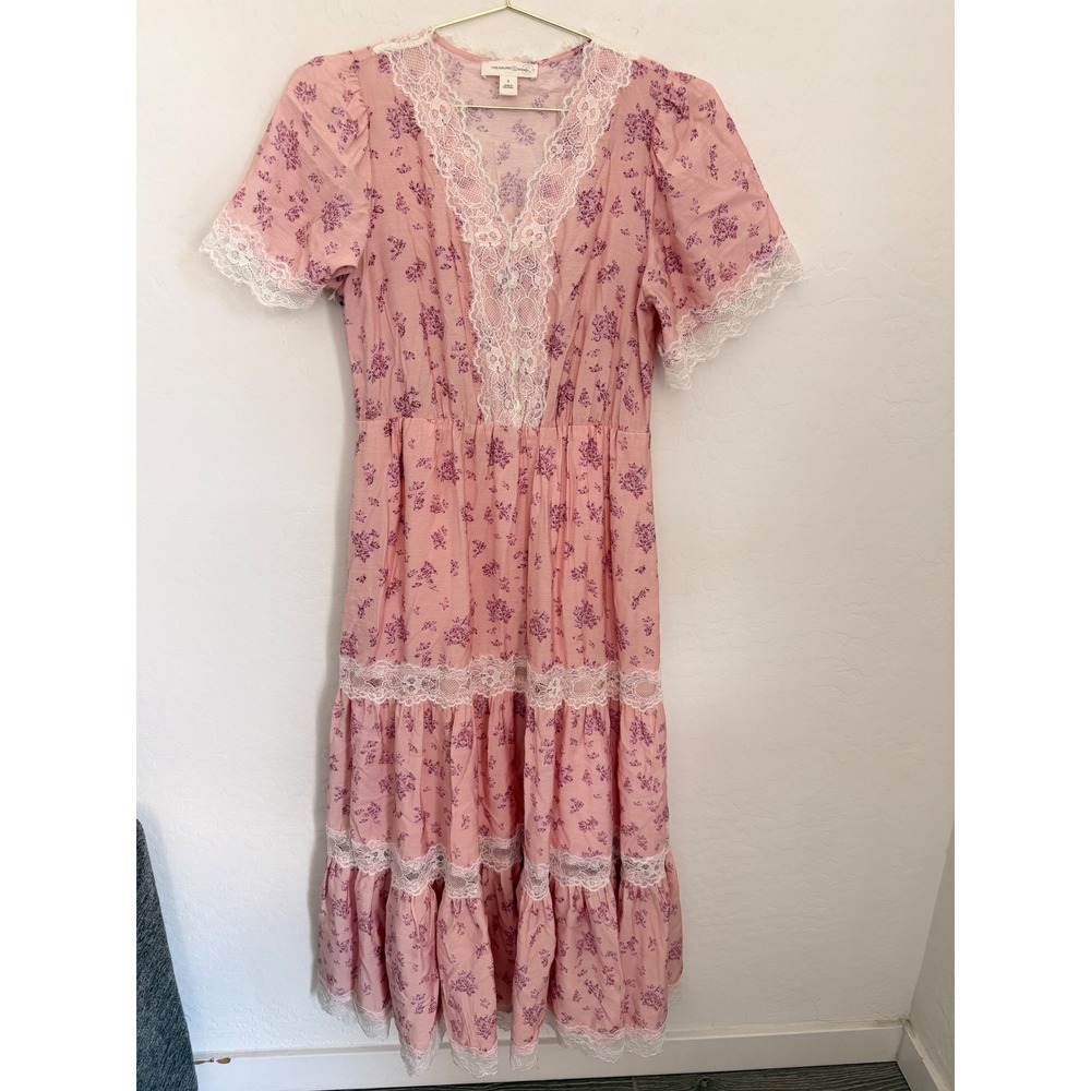 Treasure & Bond Pink Floral Lace Trim Tiered Midi Dress Womens Small Pockets